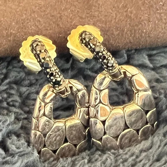 John Hardy Kali Silver Lava Door Knocker Hoop Drop Earrings with black sapphire